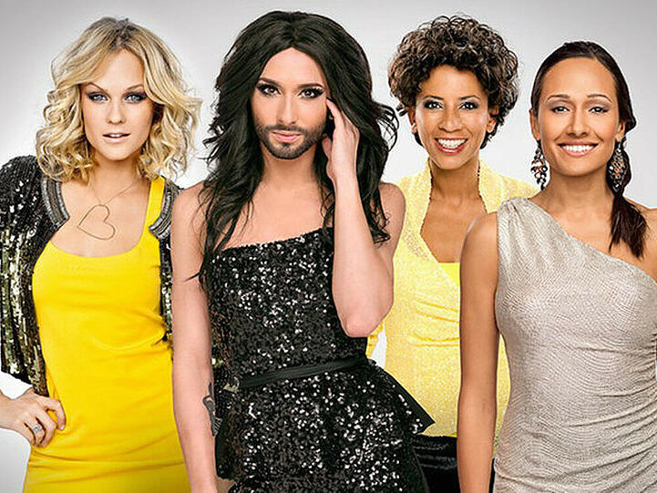 Mirjam Weichselbraun, Conchita Wurst, Arabella Kiesbauer und Alice Tumler präsentieren den ESC 2015