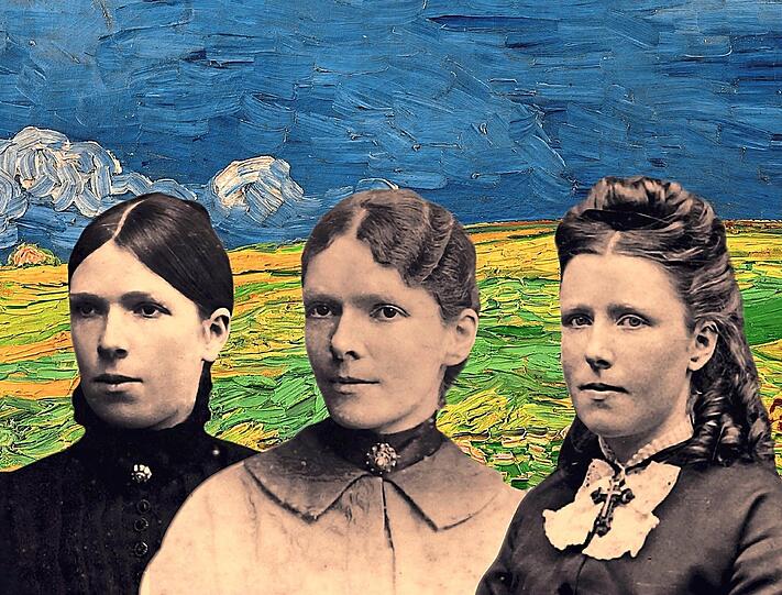 Vincent van Goghs drei sehr unterschiedliche Schwestern sind hier vor seinem "Weizenfeld unter Gewitterwolken" von 1890 zusammengebracht. Ganz links ist Vincents Liebling Willemien oder Wil zu sehen, die ebenso künstlerische Ambitionen hegt. Elisabeth schreibt Romane, und die fromme Anna ganz rechts besucht mit dem Bruder in ihrer gemeinsamen Zeit in England Museen.