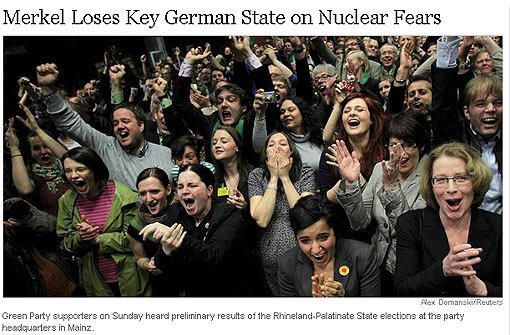 Die Internationale Herald Tribune sieht die "tiefverwurzelte Abneigung" der Deutschen gegen die Atomkraft als wahlentscheidend an und weist ihre Leser auf das Kuriosum hin, dass die Christdemokraten in Baden-Württemberg länger an der Macht waren als Bundeskanzlerin Angela Merkel überhaupt auf der Welt ist.