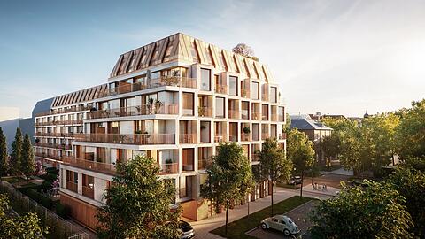Weißer Beton und Metall-Elemente mit Kupferoptik: die Fassade zum 500 Quadratmeter großen Hof des Neubauprojekts "Van B" in Neuhausen.