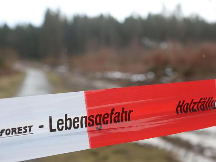 Das Symbolbild zeigt Flatterband vor einem Holzlager.