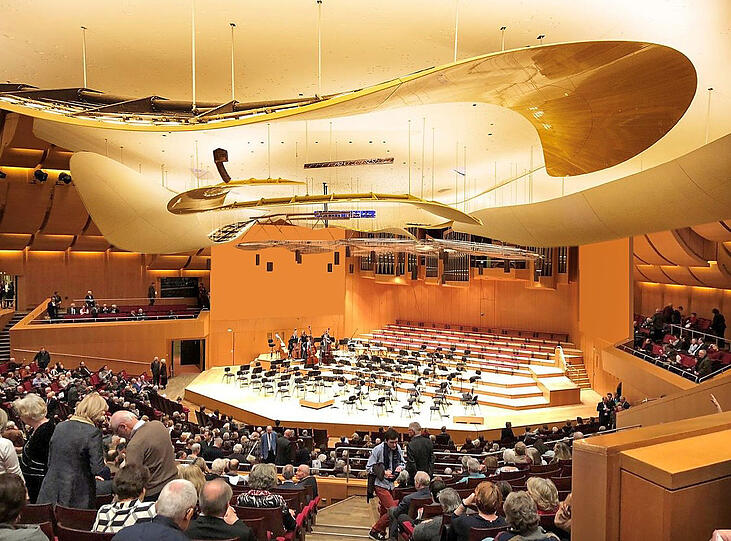Stephan Braunfels schlägt vor, die Akustik der Philharmonie durch ein Segel, seitliche Wände und eine Verringerung des Raumvolumens akustisch zu verbessern.