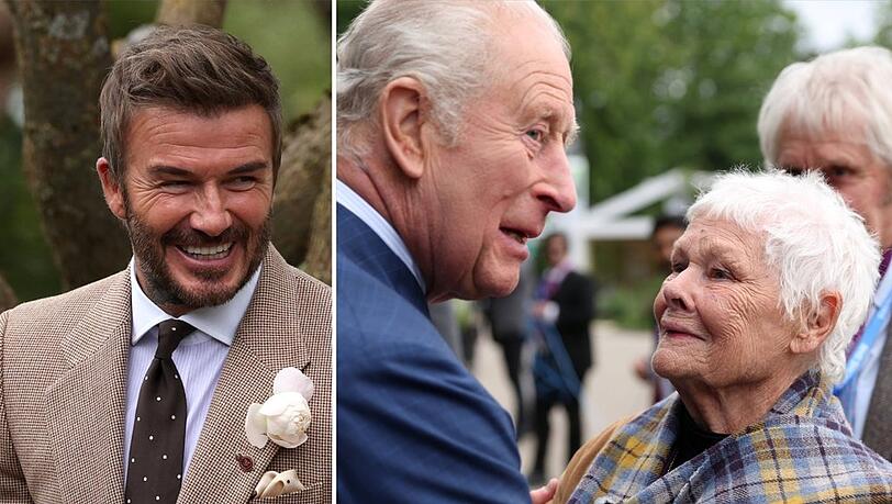 König Charles traf Judi Dench und Sir David Beckham - mit seiner eigenen Rose im Knopfloch - bei der Chelsea Flower Show. König Charles traf Judi Dench und Sir David Beckham - mit seiner eigenen Rose im Knopfloch - bei der Chelsea Flower Show.