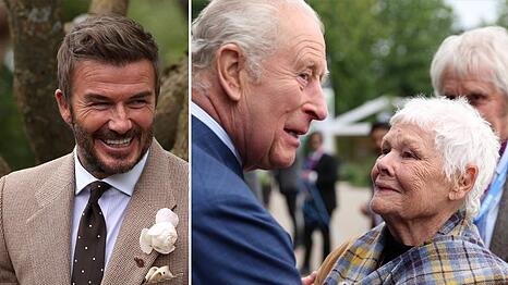 K&ouml;nig Charles traf Judi Dench und Sir David Beckham - mit seiner eigenen Rose im Knopfloch - bei der Chelsea Flower Show.