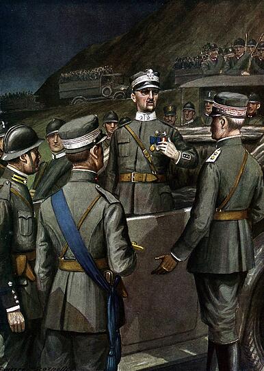 Auf dem Weg nach Fiume fordert Gabriele D&rsquo;Annunzio (Bildmitte) den General Pittaluga auf, ihn erschießen zu lassen oder ihm den Weg freizugeben. Die Darstellung stammt aus einer Geschichte Italiens, die während der Zeit des Faschismus erschien.