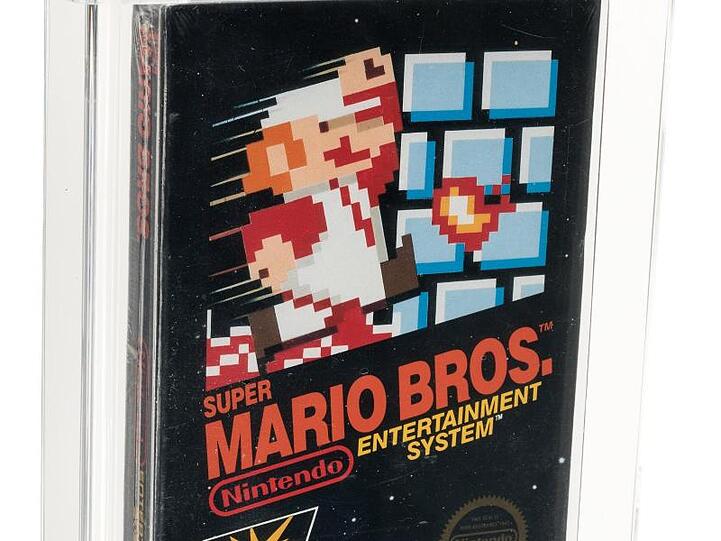 Die Vorderseite des original verpackten "Super Mario Bros."-Computerspiels aus dem Jahr 1985.