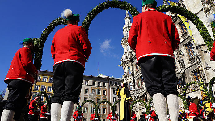 Laube, Kreuz, Schlange und Krone - das sind nur einige der Formationen, die die Schäffler auf Lager haben. Hier die Bilder vom traditionellen Tanz am Marienplatz und am Wittelsbachplatz.