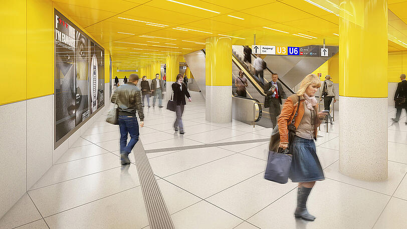 Ebene U1/U2: Das Gelb bleibt, die Rolltreppen werden versetzt.