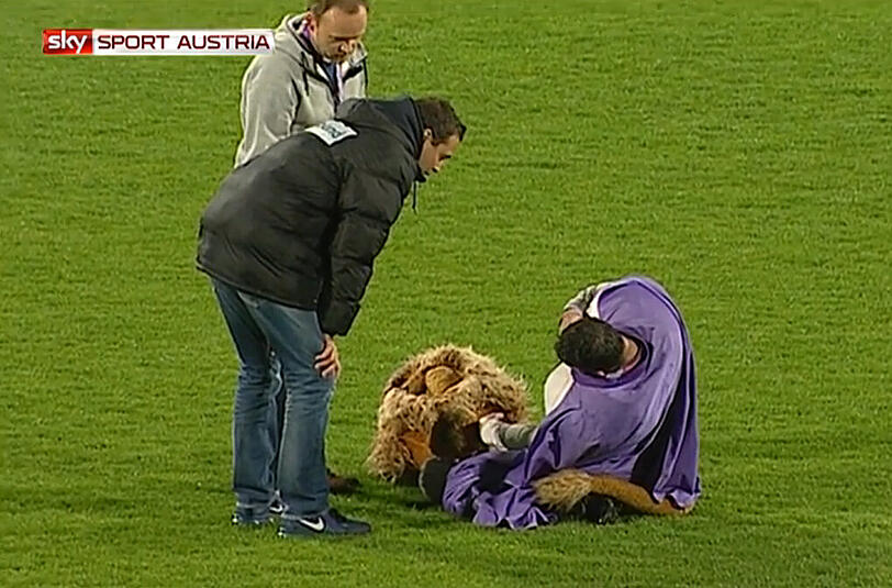 Zwangspause für "Leo", das torkelnde Maskottchen von Austria Wien.