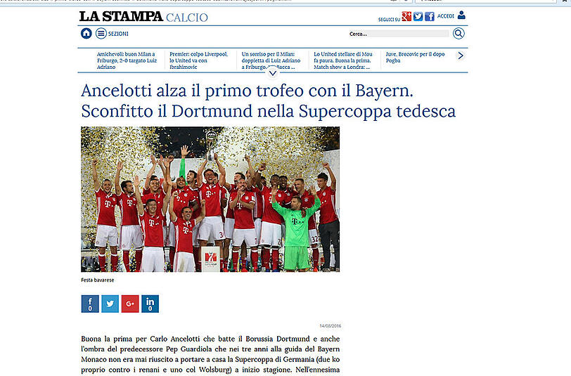La Stampa: "Ancelotti hebt die erste Trophäe mit den Bayern hoch (...) und besiegt auch den Schatten seines Vorgängers Pep Guardiola, der in drei Jahren niemals den deutschen Supercup gewinnen konnte"