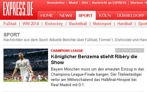 Express.de: "Königlicher Benzema stiehlt Ribery die Show".