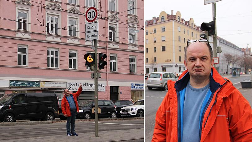 Gerhard Bauer fährt seinen Sohn jeden Tag zur Schule. Der Hinweis auf das Tempolimit hängt viel zu hoch, ärgert sich der Familienvater.