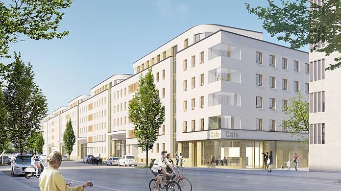 Die Visualisierung zeigt, wie die zukünftigen Wohnhäuser entlang der Plinganserstraße einmal aussehen sollen.