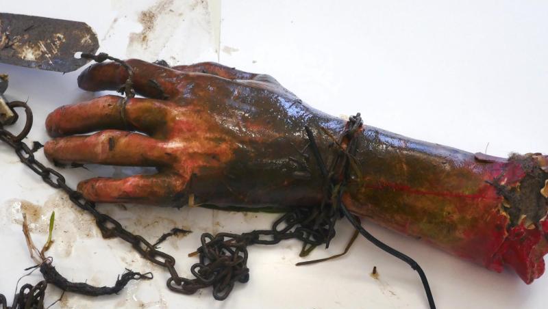 Ein abgetrennter Arm aus Gummi als Scherzartikel liegt auf einem Tisch. Foto: -/Polizeipräsidium Schwaben Nord/dpa Ein abgetrennter Arm aus Gummi als Scherzartikel liegt auf einem Tisch. Foto: -/Polizeipräsidium Schwaben Nord/dpa