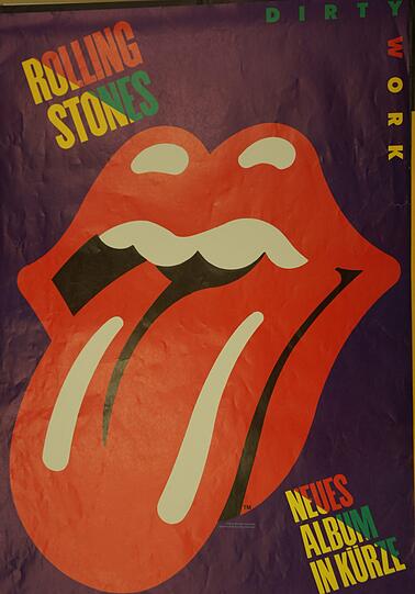 Diese Plakat bewirbt 1986 das neue Album "Dirty Work" der Rolling Stones.