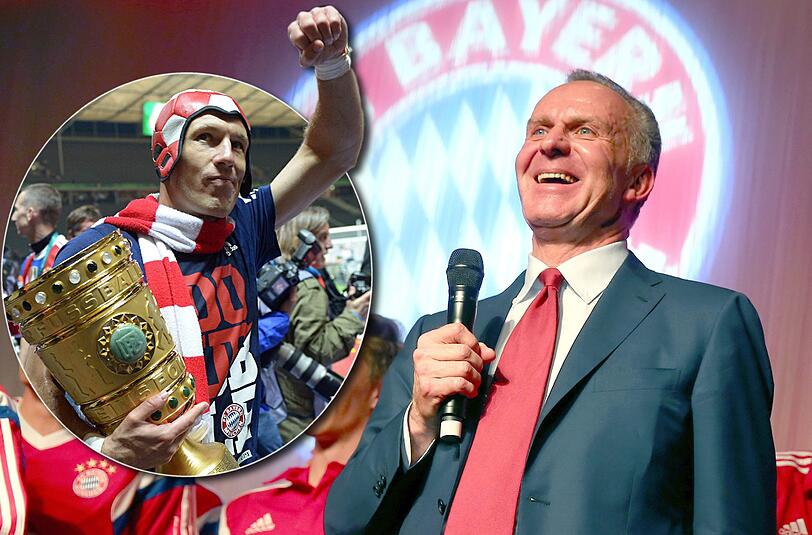 Arjen Robben traf gegen den BVB zum 1:0. Karl-Heinz Rummenigge richtete auf dem Bankett nach dem DFB-Pokalsieg lobende Worte an den Holländer.