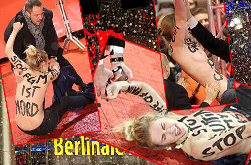 Kurzer Zwischenfall bei der Berlinale-Eröffnungsfeier: Aktivistinnen der ukrainischen Gruppierung "Femen" protestiertet auf dem Roten Teppich gegen die Genitalverstümmelung der Frau. Hier die Bilder!