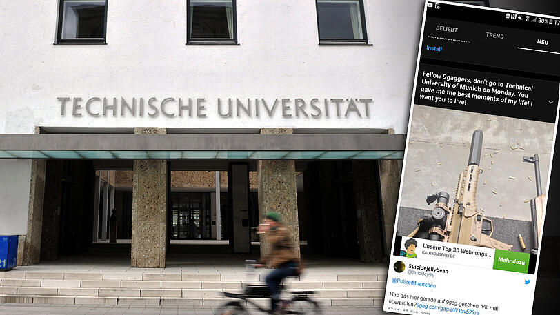 Die TU München - aktuell ist dort Prüfungsphase des Wintersemesters. Kleines Bild: Ein Twitter-Nutzer schickte der Polizei München einen Screenshot vom verdächtigen Post auf 9gag.