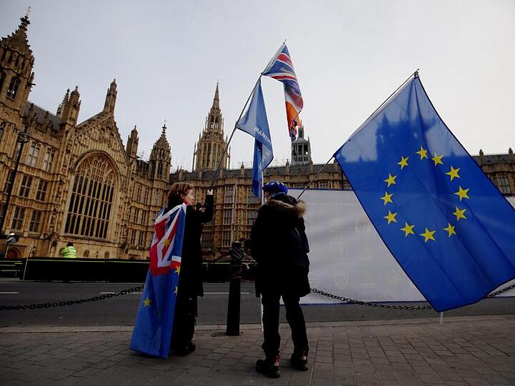 Pro-europäische Demonstranten stehen mit ihren Fahnen gegenüber vom Palace of Westminster in London.