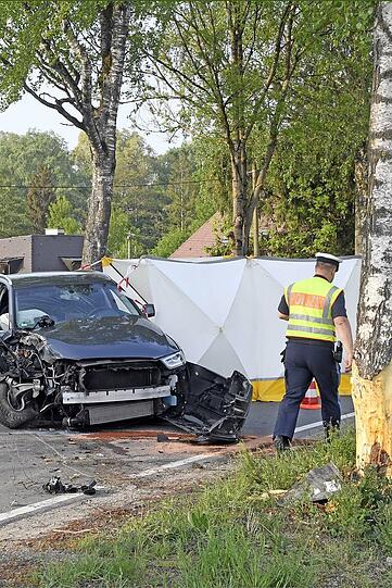 Schlimmer Unfall in Oberhaching: Eine 82-Jährige wurde am Freitag mit ihrem Audi gegen einen Baum geschleudert und erlag noch am Unfallort ihren Verletzungen. Die Bilder vom Einsatz.