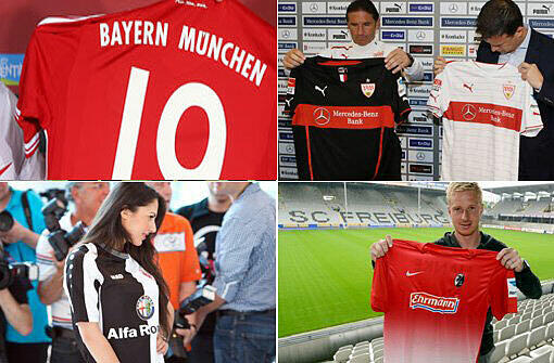Der FC Bayern (links oben) setzt weitgehend auf Bewährtes, der VfB Stuttgart (rechts oben) versucht's 2013/14 mit dezenten Querstreifen, bei Eintracht Frankfurt (links unten) steht nun Alfa Romeo auf der Brust und der SC Freiburg (rechts unten) setzt eher auf klassisches Design: Die 18 Bundesliga-Klubs gehen mit frischen Trikots in die kommende Saison - klicken Sie sich durch die Bilder der neuen bunten Trikots