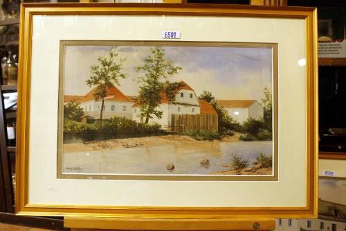 Eines der beiden umstrittenen Versteigerungsobjekte: Adolf Hitlers Aquarell "Hofanlage am Fluss"
