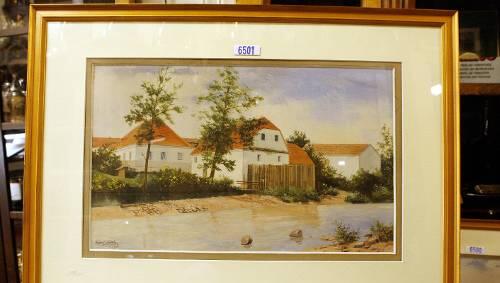 Eines der beiden umstrittenen Versteigerungsobjekte: Adolf Hitlers Aquarell "Hofanlage am Fluss" Eines der beiden umstrittenen Versteigerungsobjekte: Adolf Hitlers Aquarell "Hofanlage am Fluss"
