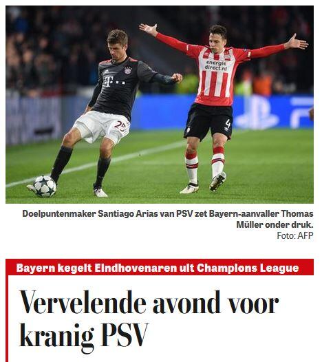 "Bayern kegelt Eindhoven aus der Champions League - Böser Abend für angeschlagene PSV" - de Telegraaf (Niederlande)