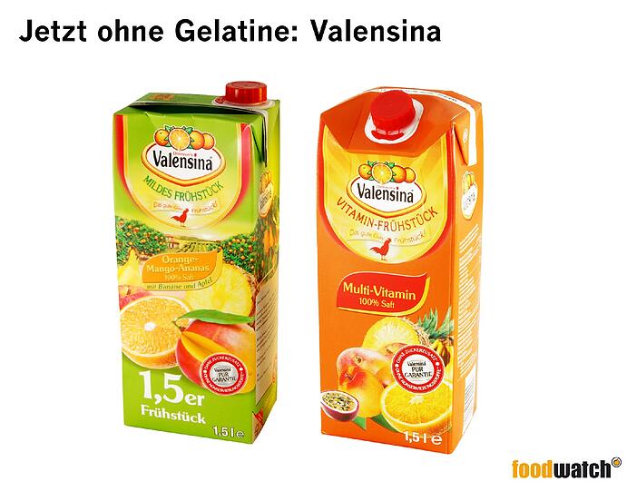 Ebenfalls ohne Gelatine: Valensina. Das nächste Unternehmen hat reagiert: Der Valensina Orange-Mango-Ananas Saft wurde bis vor kurzem mit Schweinegelatine von Trübstoffen befreit (Klärung). Beim Multivitaminsaft kam Fischgelatine als Trägerstoff für Provitamin A zum Einsatz. Seit Dezember 2013 hat der Hersteller die Produktionsweise geändert. Die Säfte sind laut Hersteller nun vegan. Ein weiterer Erfolg des Verbraucherprotests.