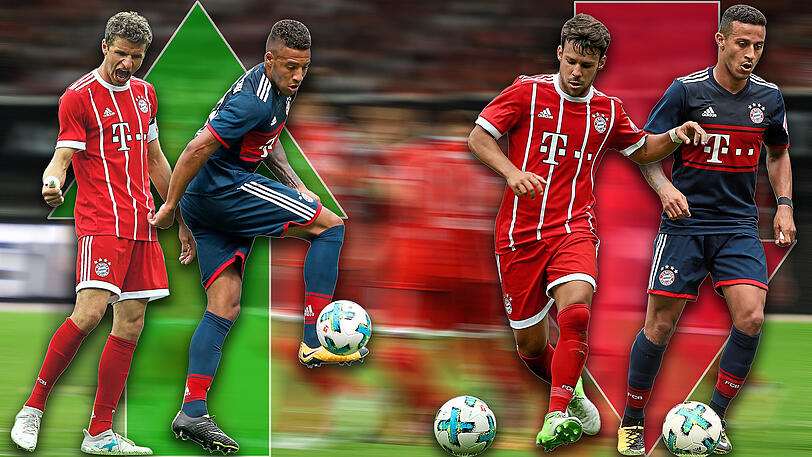 Thomas Müller und Corentin Tolisso (l.) gehören zu den Gewinnern der Asien-Reise. Juan Bernat und Thiago (r.) zu den Verlierern.