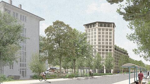 Geplant: Ein sechseckiger Turm als Quartierszeichen an der Ecke Cosima-/Johanneskirchner Stra&szlig;e.