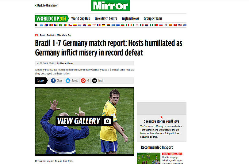 themirror.co.uk (England): "Spielbericht Brasilien - Deutschland 1-7: Gastgeber gedemütigt, Deutschland macht ihnen das Leben durch Rekordniederlage zur Hölle"