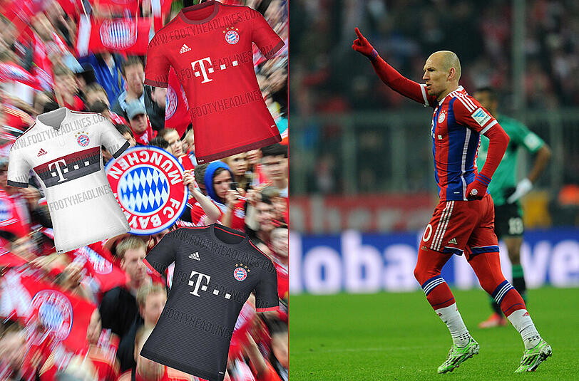 Das obere, Herr Robben? Der Niederländer und drei Trikot-Entwürfe des FC Bayern, die im Internet aufgetaucht waren.
