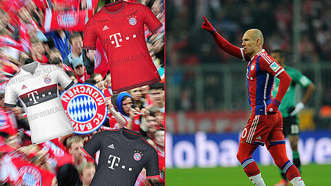Das obere, Herr Robben? Der Niederländer und drei Trikot-Entwürfe des FC Bayern, die im Internet aufgetaucht waren.