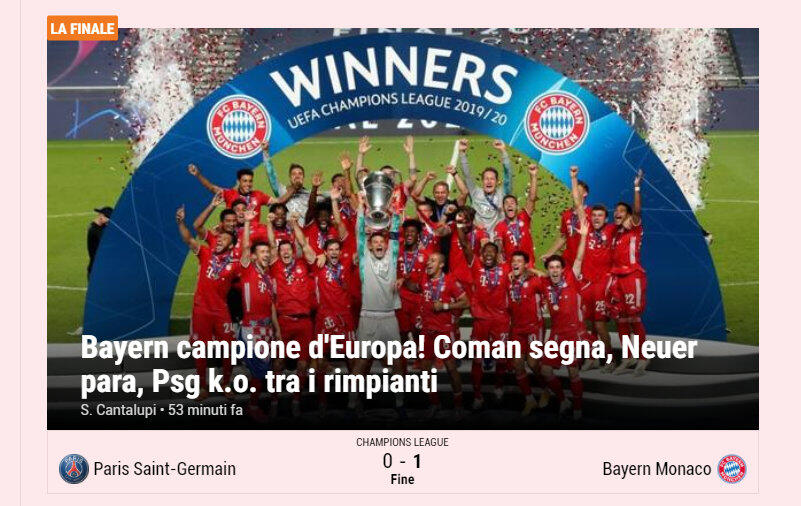 "Bayern Champion von Europa! Coman punktet, Neuer pariert, PSG geht unter Bedauern k.o...", schreibt die italienische Sportzeitung "Gazzetta dello Sport".