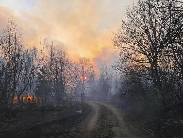 Rauchschwaden steigen von einem Waldbrand in der radioaktiv belasteten Sperrzone um das Kernkraftwerk Tschernobyl auf.