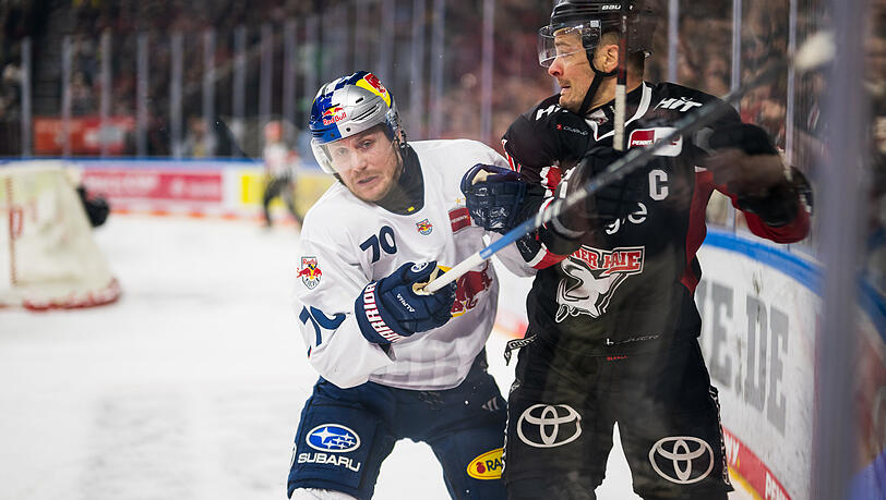 Kreuzen gleich am ersten DEL-Spieltag die Schläger: Der EHC Red Bull und Maximilian Daubner (l.) reist zu den Kölner Haien mit Kapitän Moritz Müller.