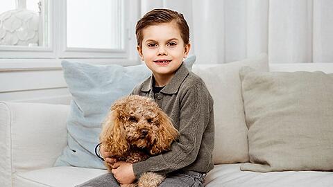 Prinz Oscar von Schweden feiert seinen 7. Geburtstag - mit Zahnlücke und Hund.