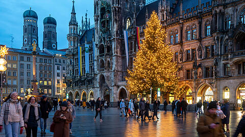 So hat der beleuchtete Christbaum letztes Jahr vor dem Münchner Rathaus am Marienplatz ausgesehen – kurz vor dem Abbau Anfang Januar. Dieses Jahr wird der neue Baum aus Tirol angeliefert.