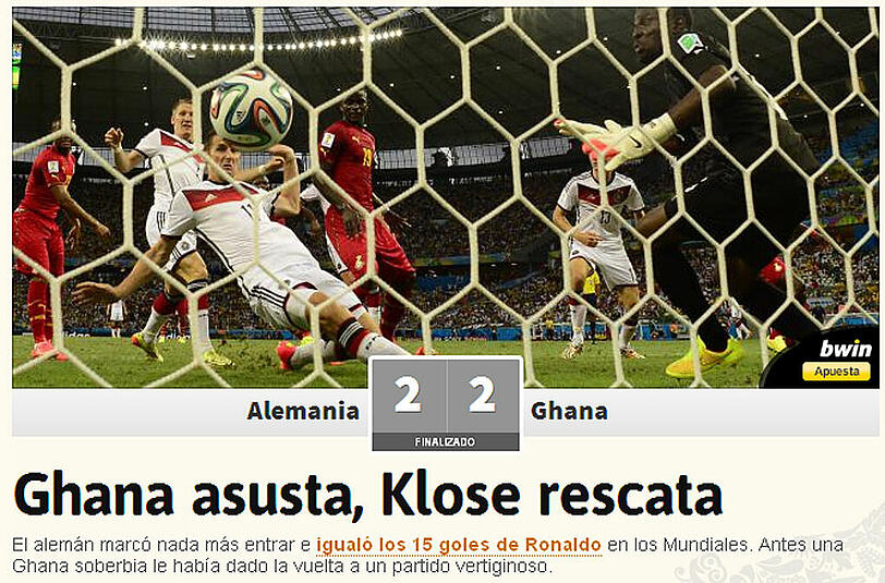 Ghana erschrickt, Klose rettet - ganz nüchtern sieht es die spanische Zeitung "AS".