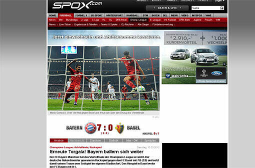 Spoxx.com: "Viertelfinale! Bayern schießt den Vogel ab. Kein Zweifel, die Bayern wollen das Finale zuhause. Gomez wandelt auf Messis Spuren."