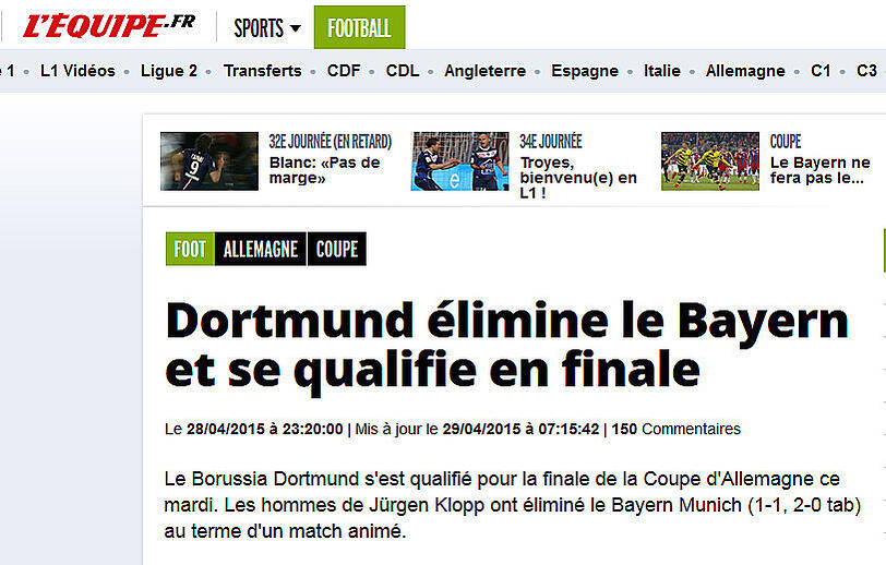 L'Equipe (Frankreich): "Dortmund eliminiert Bayern und qualifiziert sich für's Halbfinale"