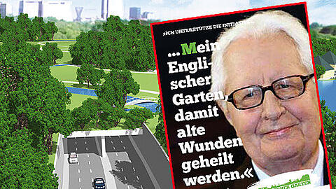 Die Vision: Ein Tunnel führt die Straße unter das dann wiedervereinigte Grün. Alt-OB Hans-Jochen Vogel macht bei der Aktion mit.