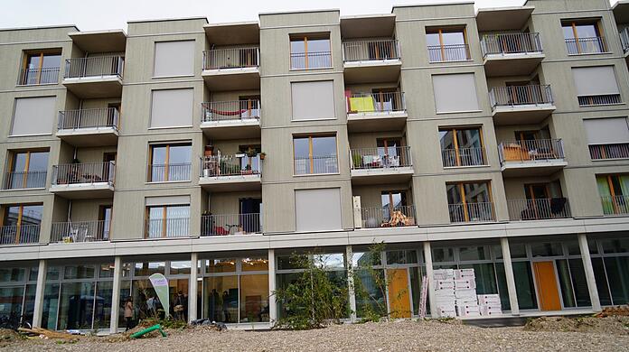 Eine Holzbausiedlung der Stadt im Prinz Eugen Park.
