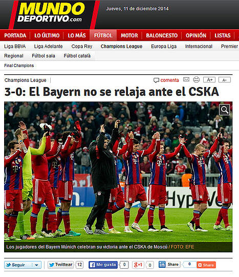 "El Mundo Deportivo" (Spanien): "Bayern schaltet auch gegen ZSKA nicht zurück"