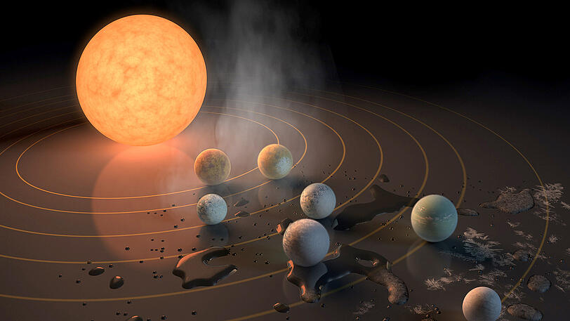 Die künstlerische Darstellung zeigt das mögliche Aussehen des Planetensystems von Trappist-1.