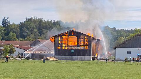 Eine Heutrocknungshalle auf einem Bauernhof bei Vilsbiburg steht in Flammen und st&uuml;rzt ein.