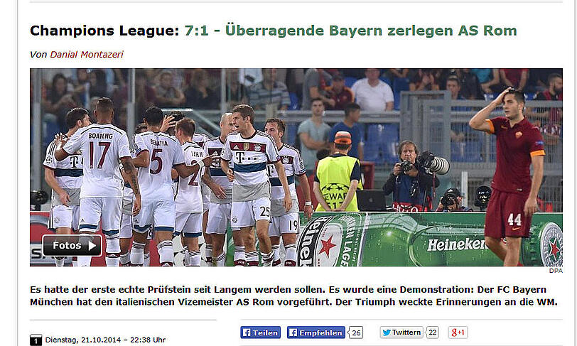 "Die Bayern zerlegen den AS Rom" vermeldet "Der Spiegel"