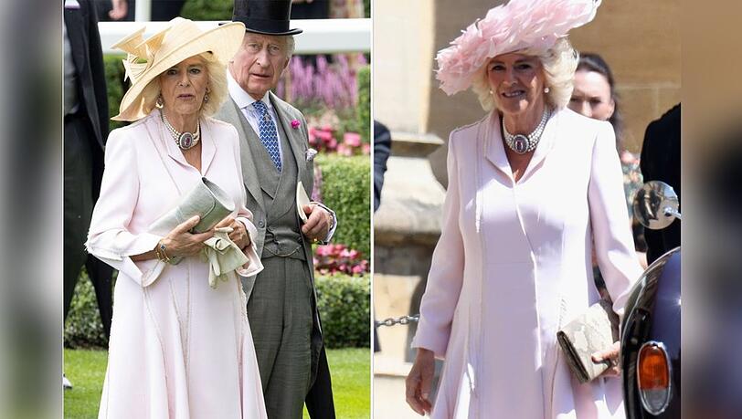 In Ascot 2023 kombinierte sie das blassrosa Mantelkleid mit einem gelben Hut (links), bei der Hochzeit 2018 wählte sie einen rosa Federhut.