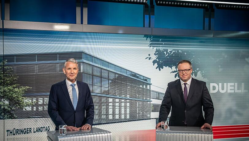 Das TV-Duell der Spitzenkandidaten für die Landtagswahl in Thüringen: Björn Höcke (AfD, l) und Mario Voigt (CDU). Das TV-Duell der Spitzenkandidaten für die Landtagswahl in Thüringen: Björn Höcke (AfD, l) und Mario Voigt (CDU).